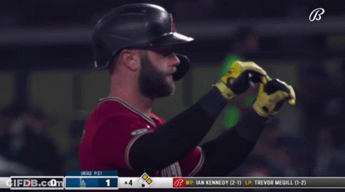 Baseball Player With Helmet And Yellow Gloves In Front Of Scoreboard Saying Urias P 51 GIF