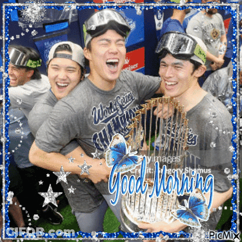 Baseball Players Holding Trophy Saying Good Morning GIF