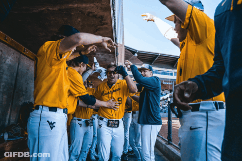 Baseball Players Huddled In Dugout With Virginia Tech Shirt GIF