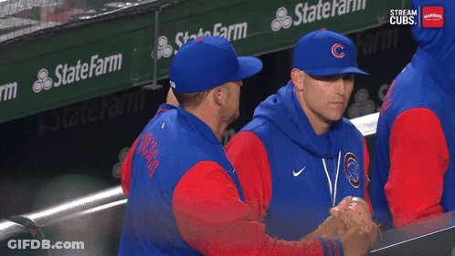 Baseball Players In A Dugout With A State Farm Banner Behind Them GIF