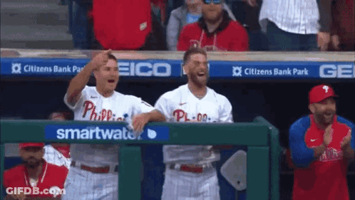 Baseball Players In Dugout With Phillies Jersey GIF