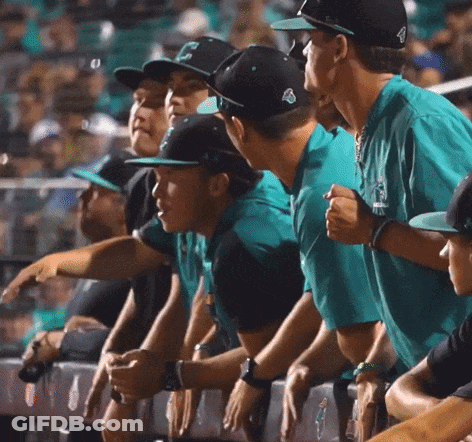 Baseball Players In Teal Shirts And Black Hats Watching Game GIF