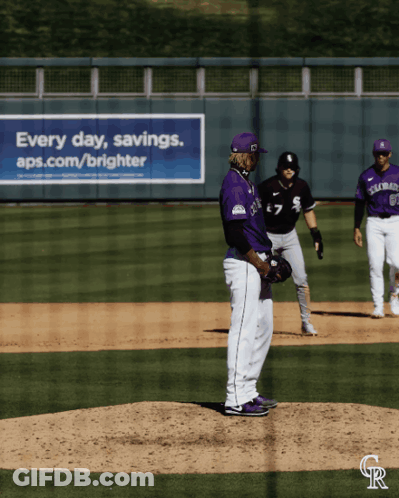 Baseball Players On A Field With A Sign That Says " Every Day Savings Aps.com/brighter " GIF