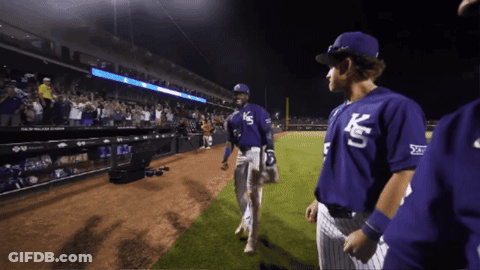Baseball Players Wearing Purple Uniforms With Ks On The Front GIF