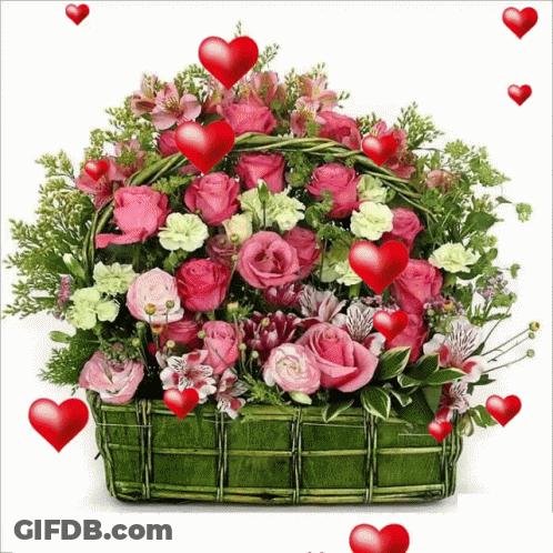Basket Filled With Pink And Green Flowers And Hearts GIF