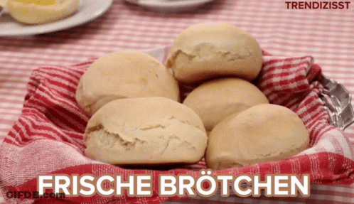 Basket Of Frische Brotchen On Checkered Tablecloth GIF