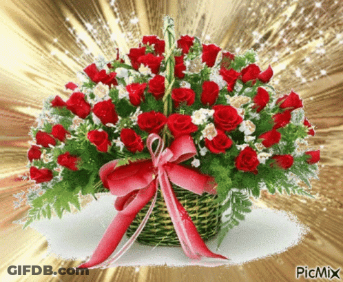 Basket Of Red Roses And White Flowers With Red Bow GIF