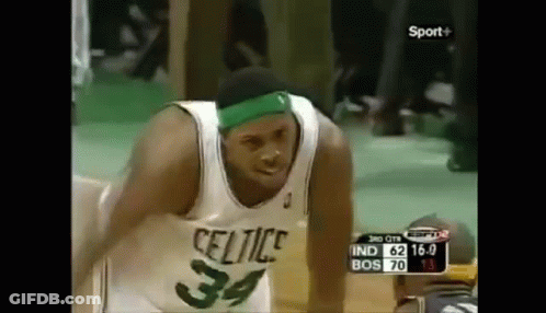 Basketball Player In Green Headband And Celtics Jersey Sitting GIF