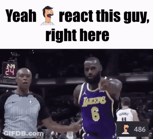 Basketball Player In Lakers Jersey Next To Referee GIF