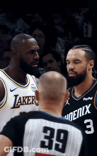 Basketball Player In Lakers Jersey Talking To Referee GIF