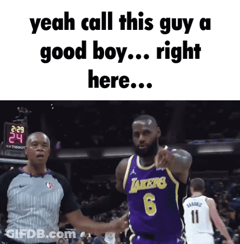 Basketball Player In Lakers Jersey Talking To Referee GIF