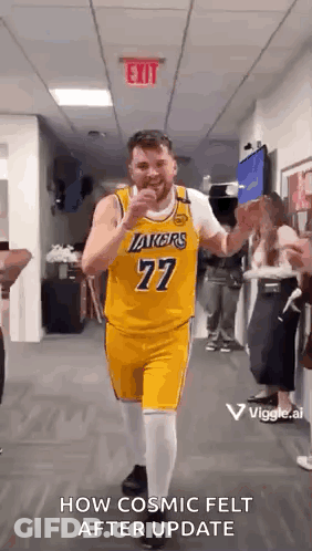 Basketball Player In Lakers Jersey Walking With Hands Up GIF