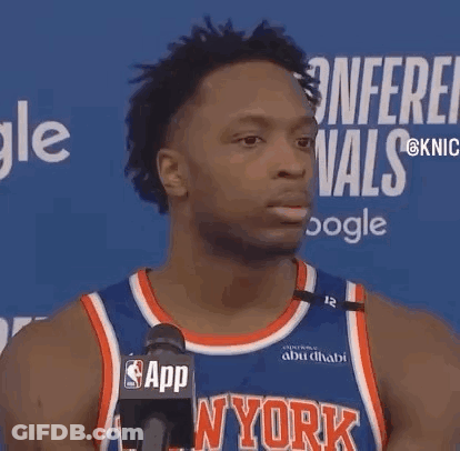 Basketball Player In New York Jersey Talking Into Microphone GIF