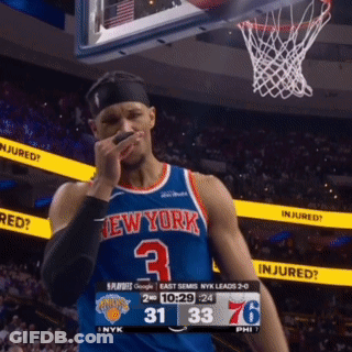 Basketball Player In New York Jersey Wipes Face GIF