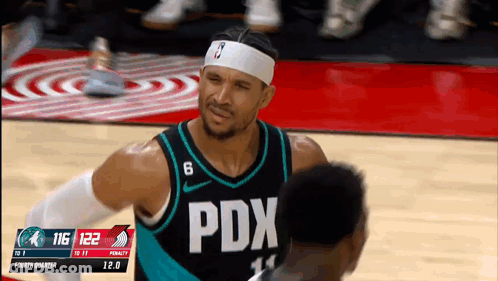 Basketball Player In PDX Jersey Talking To Another GIF