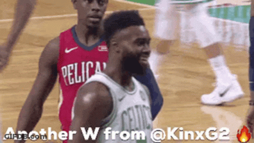 Basketball Player In Pelicans Jersey Next To Celtics Player GIF