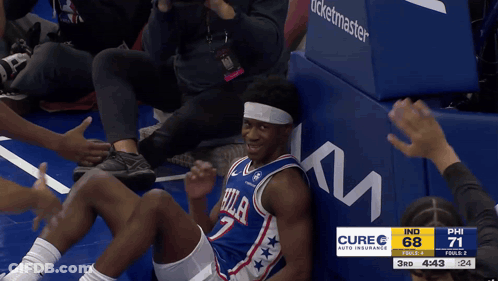 Basketball Player In Philadelphia Jersey Sitting On Floor GIF