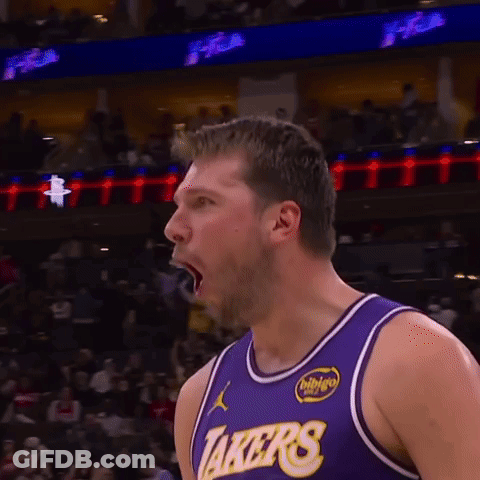 Basketball Player In Purple Lakers Jersey Mouth Open GIF