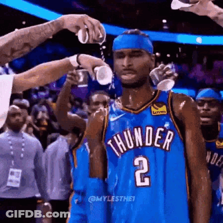 Basketball Player In Thunder Jersey Being Poured With Water GIF