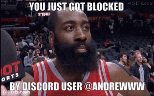 Basketball Player With Beard Holding Microphone Saying You Just Got Blocked By Discord User @ Andrewww GIF