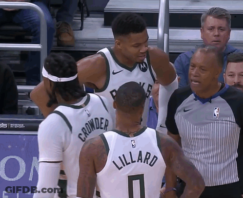 Basketball Players Crowder And Lillard With Referee GIF