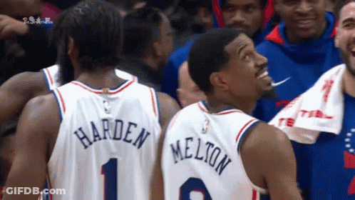 Basketball Players Harden And Melton Standing On Court GIF