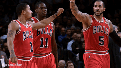Basketball Players In Bulls Jerseys Standing Together GIF