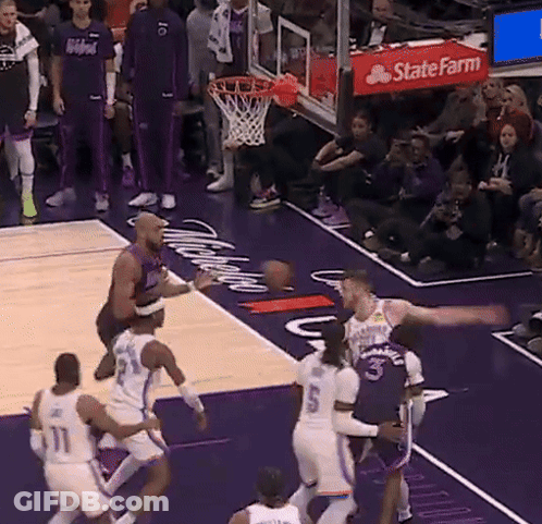 Basketball Players On A Court With A State Farm Banner In The Background GIF