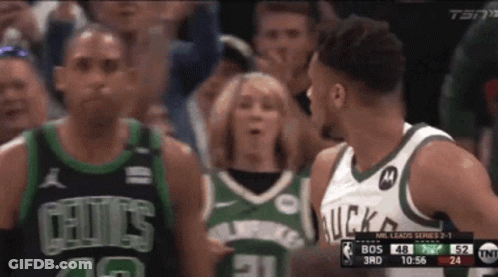 Basketball Players Talking Celtics And Bucks Jerseys GIF