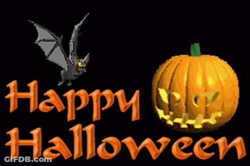 Bat Flying Next To Pumpkin Saying Happy Halloween GIF