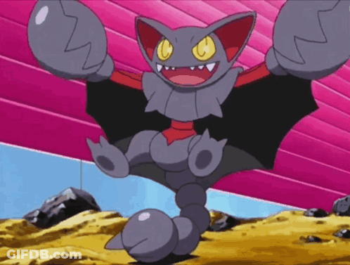 Bat-Shaped Cartoon Character With Yellow Eyes Under Pink Ceiling GIF