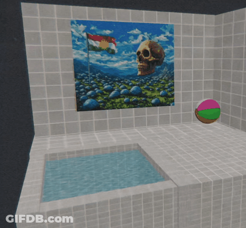 Bathroom With Skull Painting And Beach Ball GIF