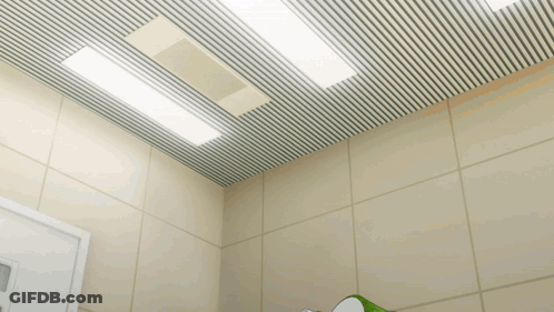 Bathroom With Striped Ceiling And White Door GIF