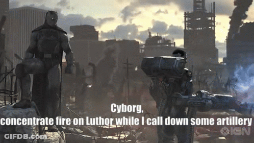 Batman And Cyborg Standing Next To Each Other GIF