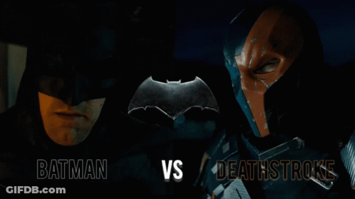 Batman And Deathstroke Standing Next To Each Other With The Words Batman Vs Deathstroke Below Them GIF
