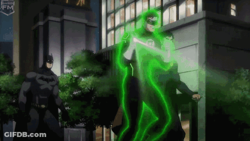 Batman And Green Lantern Are Standing Next To Each Other In A City GIF