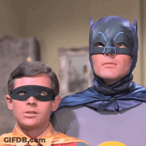 Batman And Robin Costumes Standing Together GIF