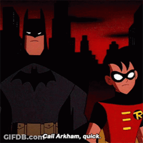 Batman And Robin Standing Together Robin Says Call Arkham Quick GIF