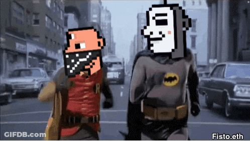 Batman And Robin Walking Down Street With Fist.eth GIF