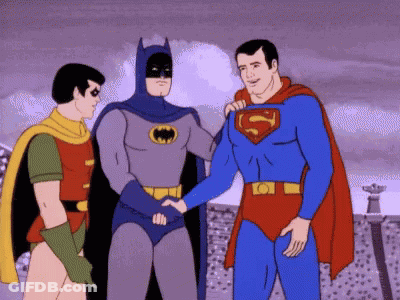 Batman And Superman Are Shaking Hands In A Cartoon GIF