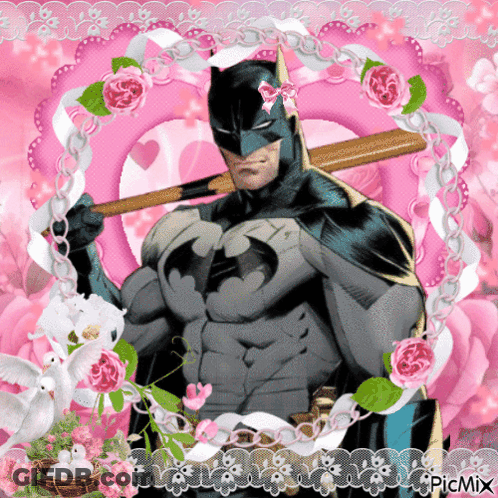 Batman With Bat On Shoulder Surrounded By Pink Flowers GIF
