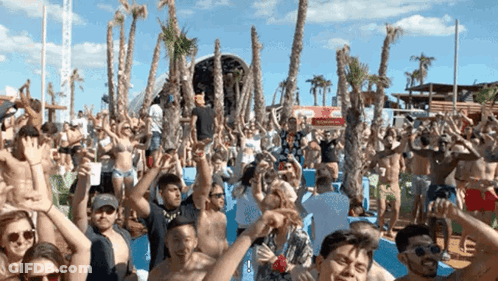 Beach Party Crowd With Palm Trees GIF