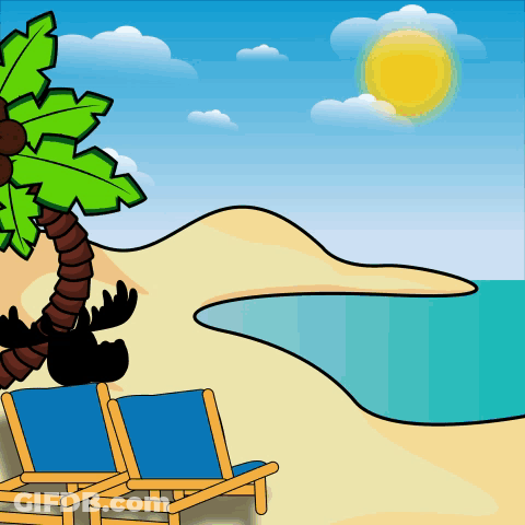 Beach Scene With Palm Trees And Chairs GIF
