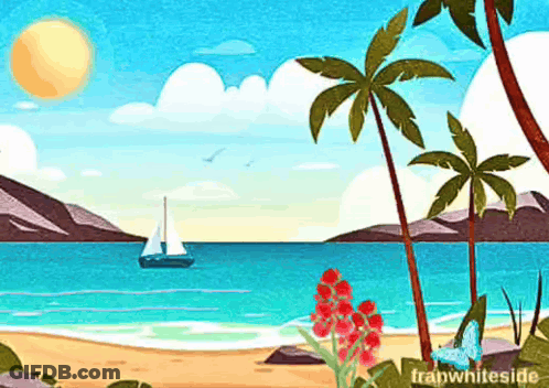 Beach With Palm Trees And Sailboat In Distance GIF