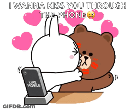 Bear And Rabbit Kissing In Front Of Line Mobile Phone GIF
