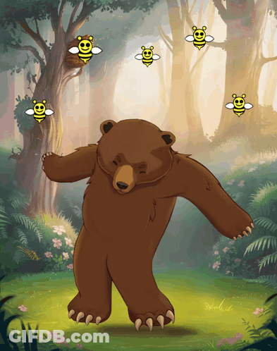 Bear Dancing In Forest With Bees GIF