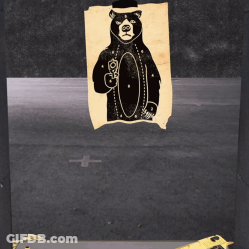 Bear Holding Gun On Target With Letter O GIF