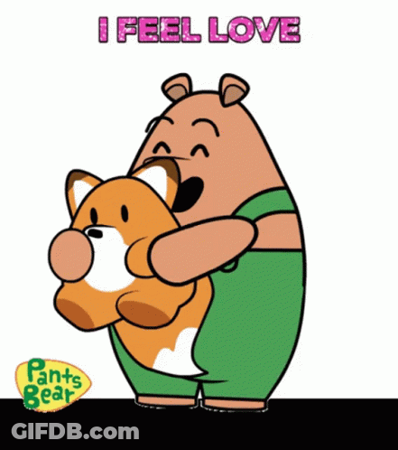 Bear Holding Stuffed Animal Saying I Feel Love GIF