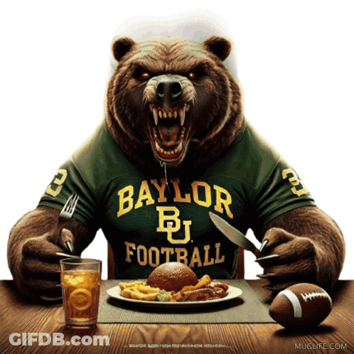 Bear In Baylor Football Jersey Sitting At Table GIF