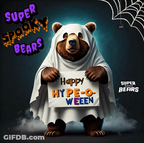 Bear In Ghost Costume Holding Happy Hype-O Weeen Sign GIF